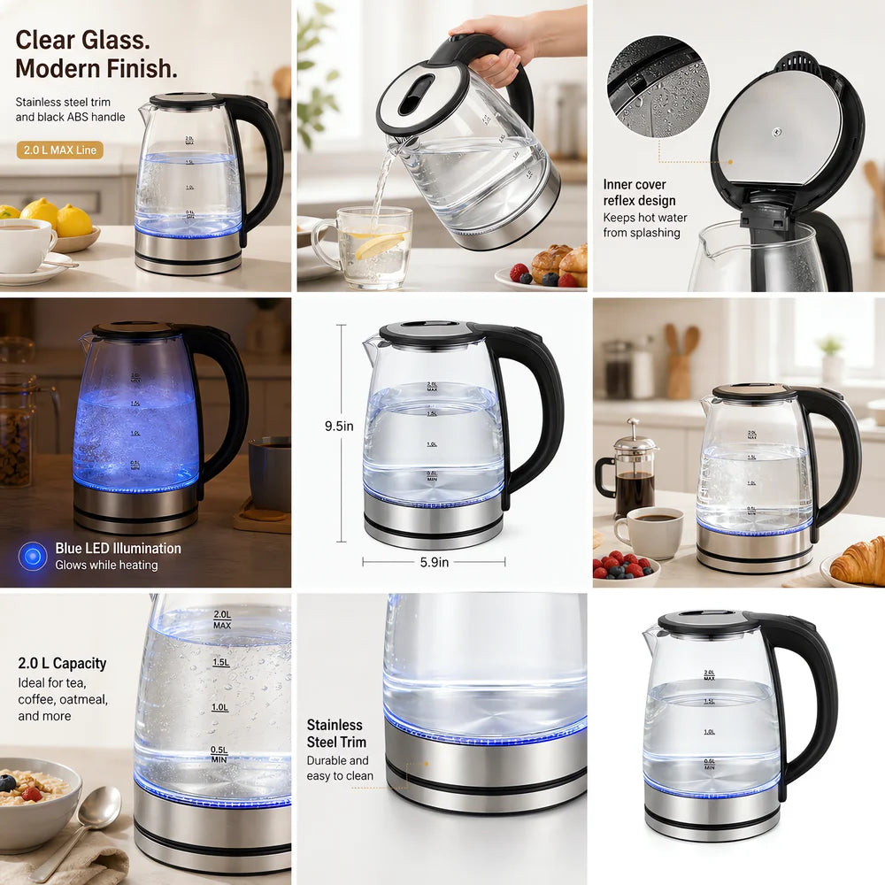 Electric Kettle Glass 2L, Fast Boiling Water Kettle with Stainless Steel Base, Electric Tea Kettle for Home Kitchen with Handle
