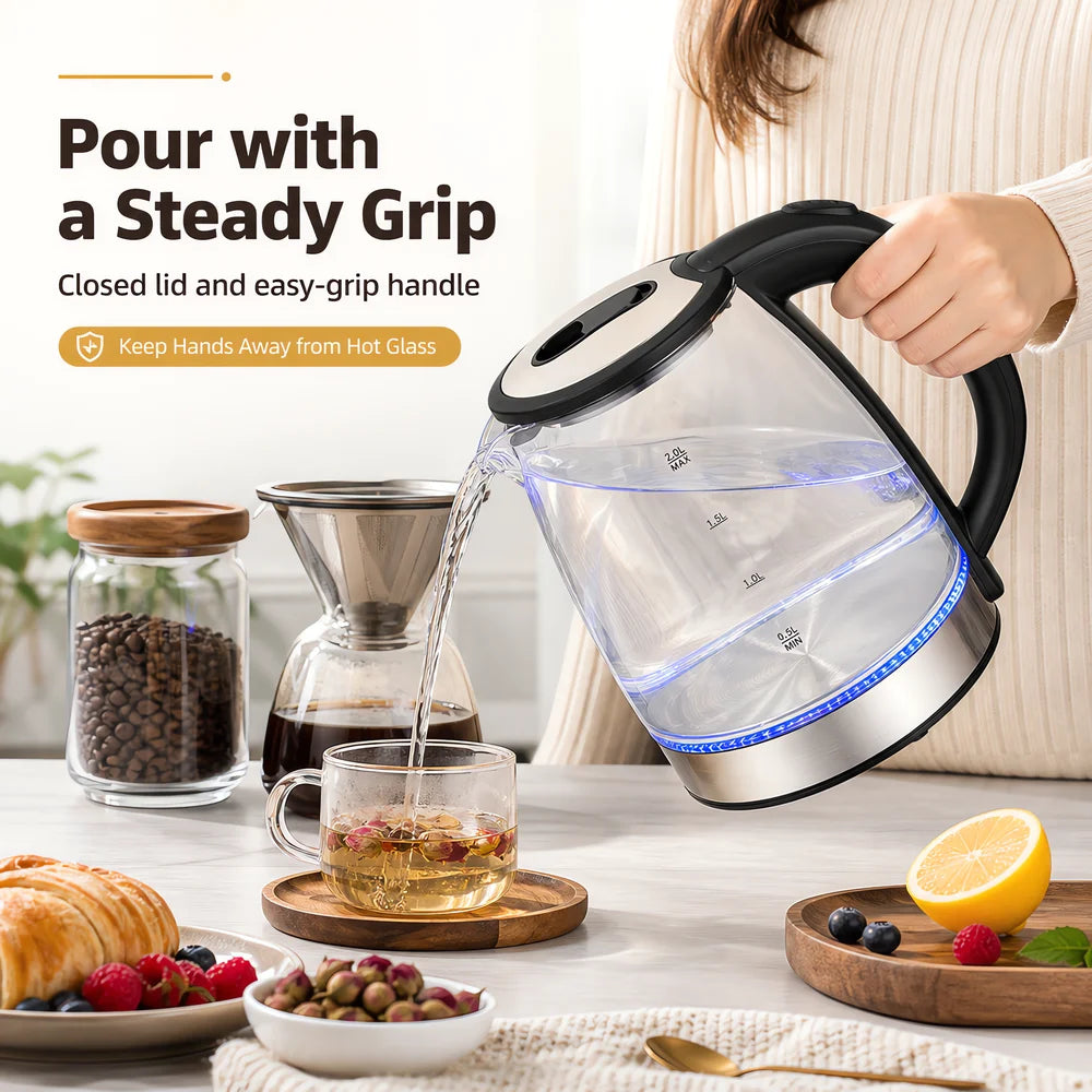 Electric Kettle Glass 2L, Fast Boiling Water Kettle with Stainless Steel Base, Electric Tea Kettle for Home Kitchen with Handle