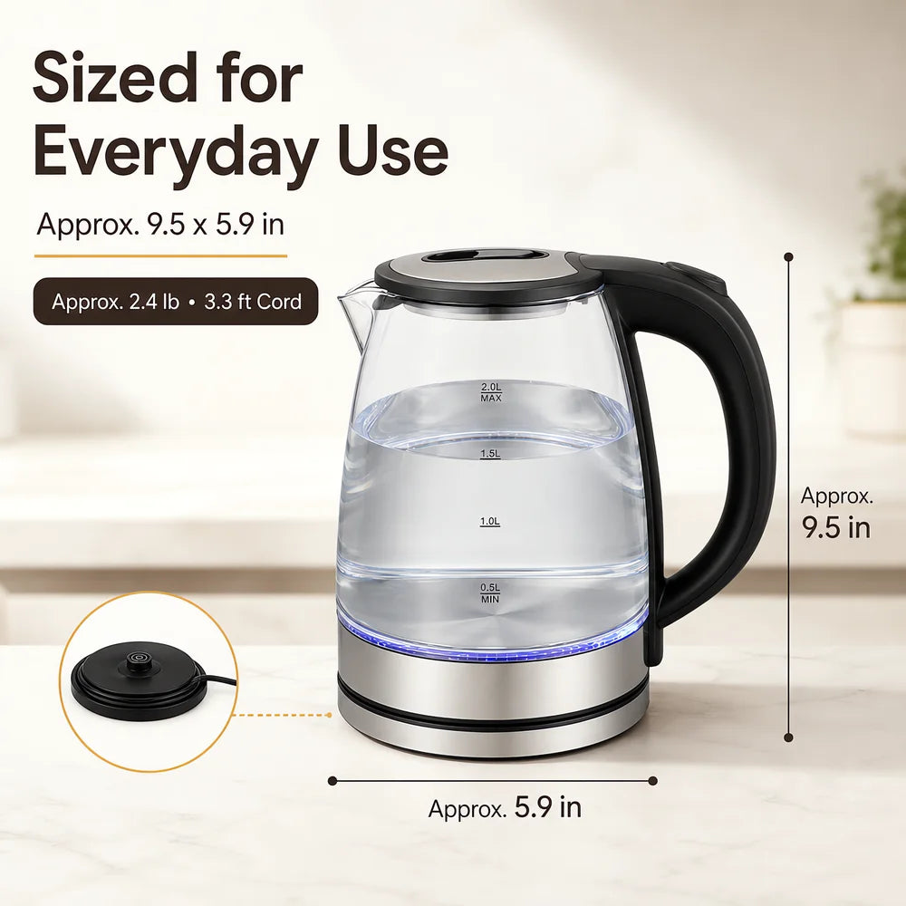 Electric Kettle Glass 2L, Fast Boiling Water Kettle with Stainless Steel Base, Electric Tea Kettle for Home Kitchen with Handle