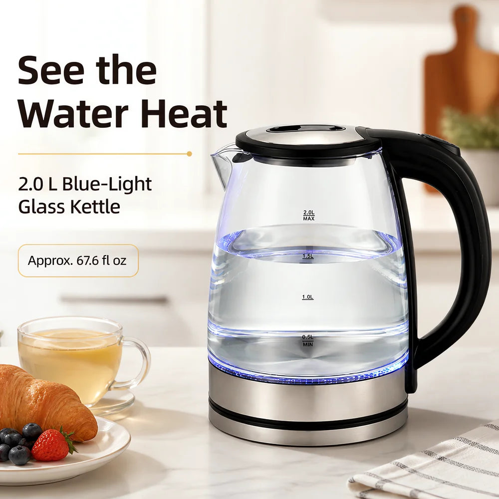 Electric Kettle Glass 2L, Fast Boiling Water Kettle with Stainless Steel Base, Electric Tea Kettle for Home Kitchen with Handle