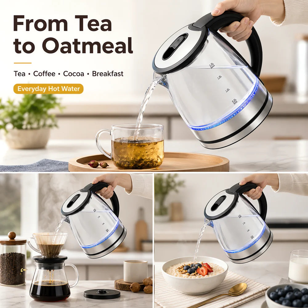 Electric Kettle Glass 2L, Fast Boiling Water Kettle with Stainless Steel Base, Electric Tea Kettle for Home Kitchen with Handle
