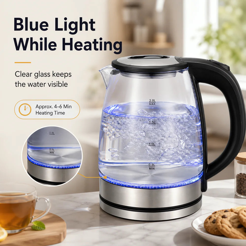 Electric Kettle Glass 2L, Fast Boiling Water Kettle with Stainless Steel Base, Electric Tea Kettle for Home Kitchen with Handle