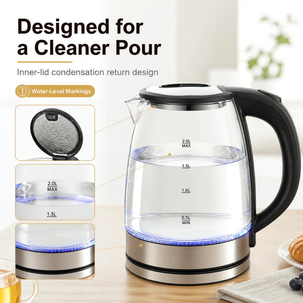 Electric Kettle Glass 2L, Fast Boiling Water Kettle with Stainless Steel Base, Electric Tea Kettle for Home Kitchen with Handle