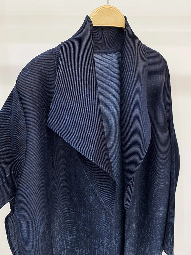 Miyake 2024 Fashion Pleated Ladies Long Coat Gradient Loose Button Split Design Trench Coat