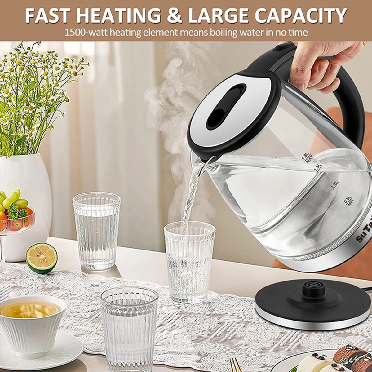 1.8L Electric Water Kettle - 1000W Fast Boil, Clear Borosilicate Glass, Stainless Steel, Filter Spout, Anti-Scald Handle, LED Blue Light, Large Capacity for Family Use