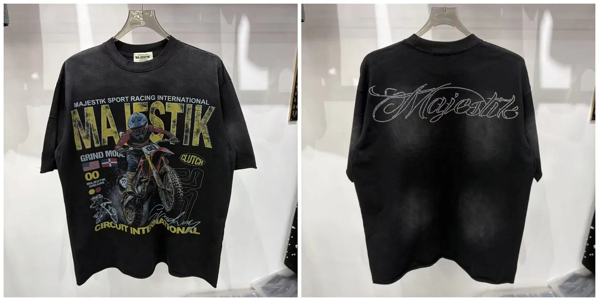 2026 Summer New MAJESTIK Men's T-shirt with Letter Hotfix Rhinestone Print Breathable Lightweight Casual Hip-Hop Style 100% Cotton Men/women T-shirt