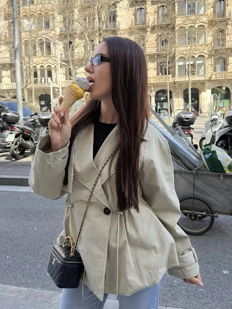 SLTNX  Autumn Fashion Women Khaki Drawstring Waist Short Trench Coat Casual Long Sleeve Single Button  Lady Commute Windbreaker