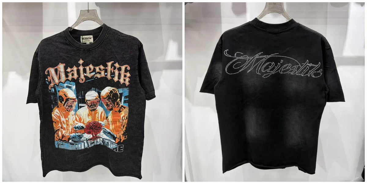 2026 Summer New MAJESTIK Men's T-shirt with Letter Hotfix Rhinestone Print Breathable Lightweight Casual Hip-Hop Style 100% Cotton Men/women T-shirt