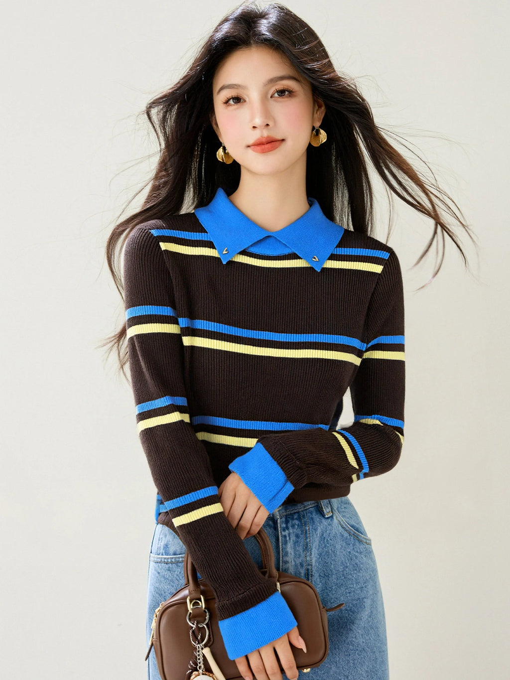 Pull color-block rayures col à revers femme
