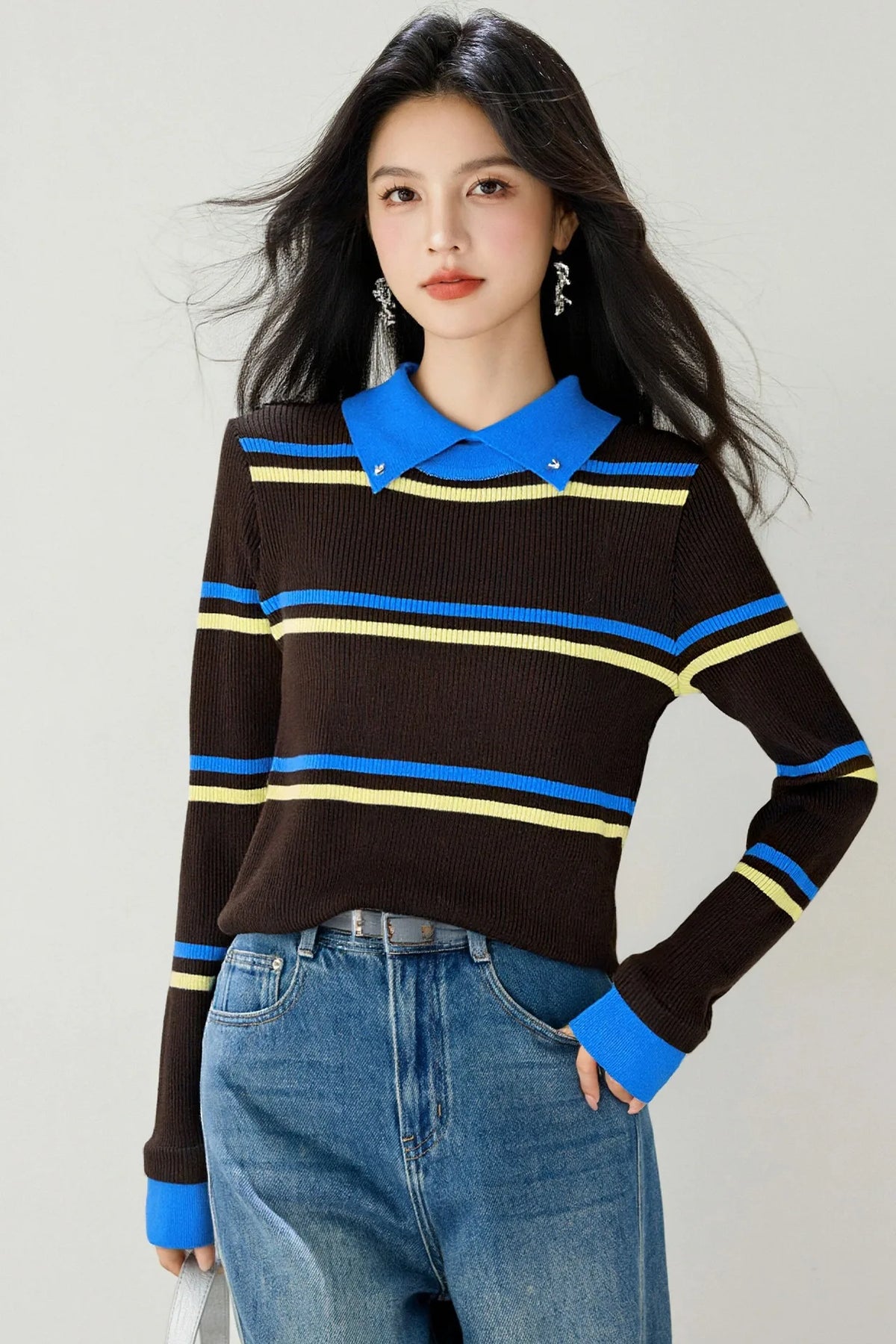Pull color-block rayures col à revers femme