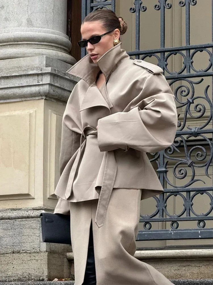 Women Lapel V-neck Belt Trench Coat Lace Up Button Full Sleeve Short Thin Windbreak 2026 Lady New Fashion Daily Street Outerwear