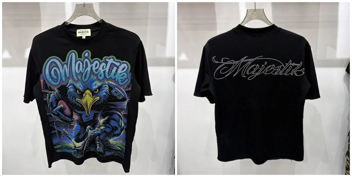 2026 Summer New MAJESTIK Men's T-shirt with Letter Hotfix Rhinestone Print Breathable Lightweight Casual Hip-Hop Style 100% Cotton Men/women T-shirt