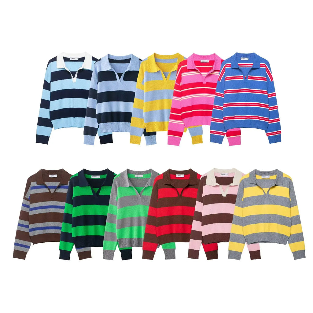 Pull polo rayé color-block manches longues femme