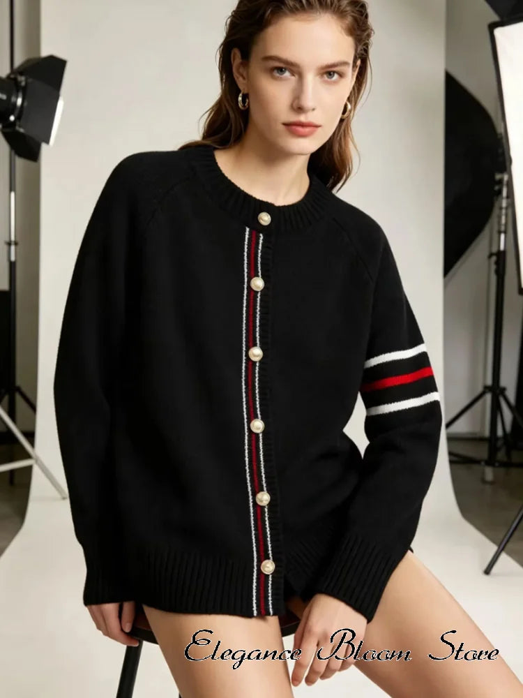 Women's Knit Cardigan Crew Neck Striped Button Loose Elegant Sweater Cardigan Top Ladies Fashion Commuter Chic Casual Outerwear