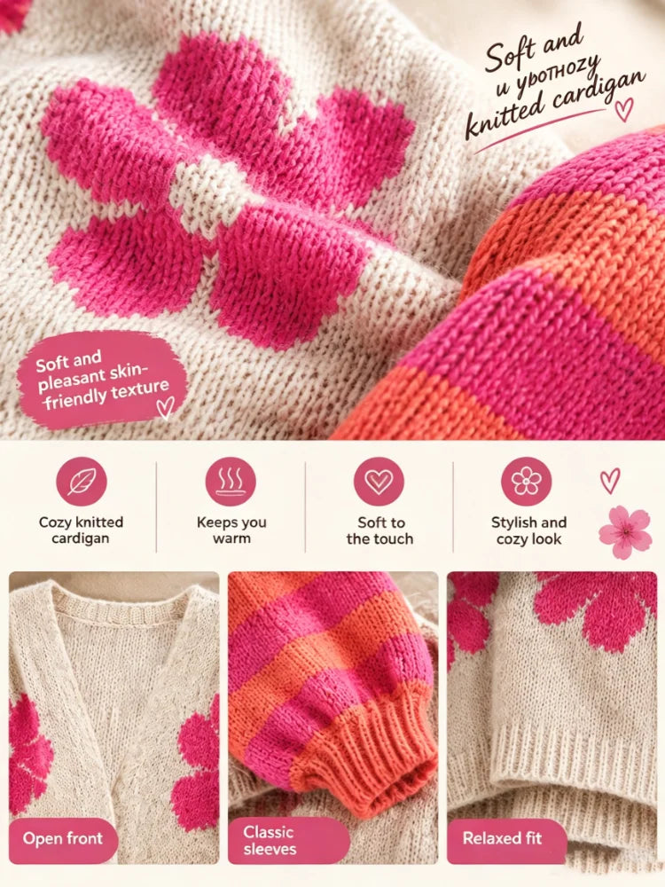 Women's Rainbow-Striped Knitted Cardigan Sweater, Featuring a Retro Floral Pattern with Oversized Front Opening and Long Sleeves, Is a Casual Outerwear Suitable for Sweet and Cool Style for Daily, Holiday and Casual Wear in A
