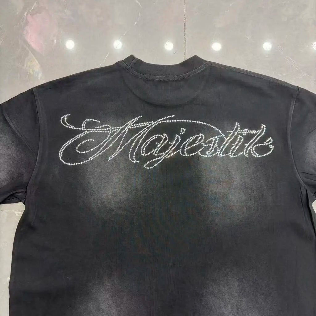 2026 Summer New MAJESTIK Men's T-shirt with Letter Hotfix Rhinestone Print Breathable Lightweight Casual Hip-Hop Style 100% Cotton Men/women T-shirt