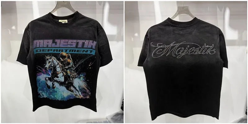 2026 Summer New MAJESTIK Men's T-shirt with Letter Hotfix Rhinestone Print Breathable Lightweight Casual Hip-Hop Style 100% Cotton Men/women T-shirt