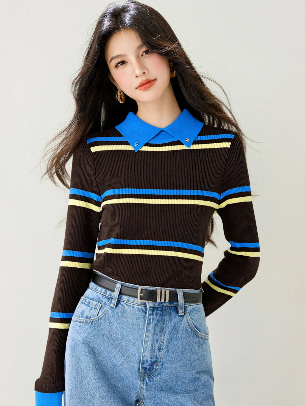 Pull color-block rayures col à revers femme