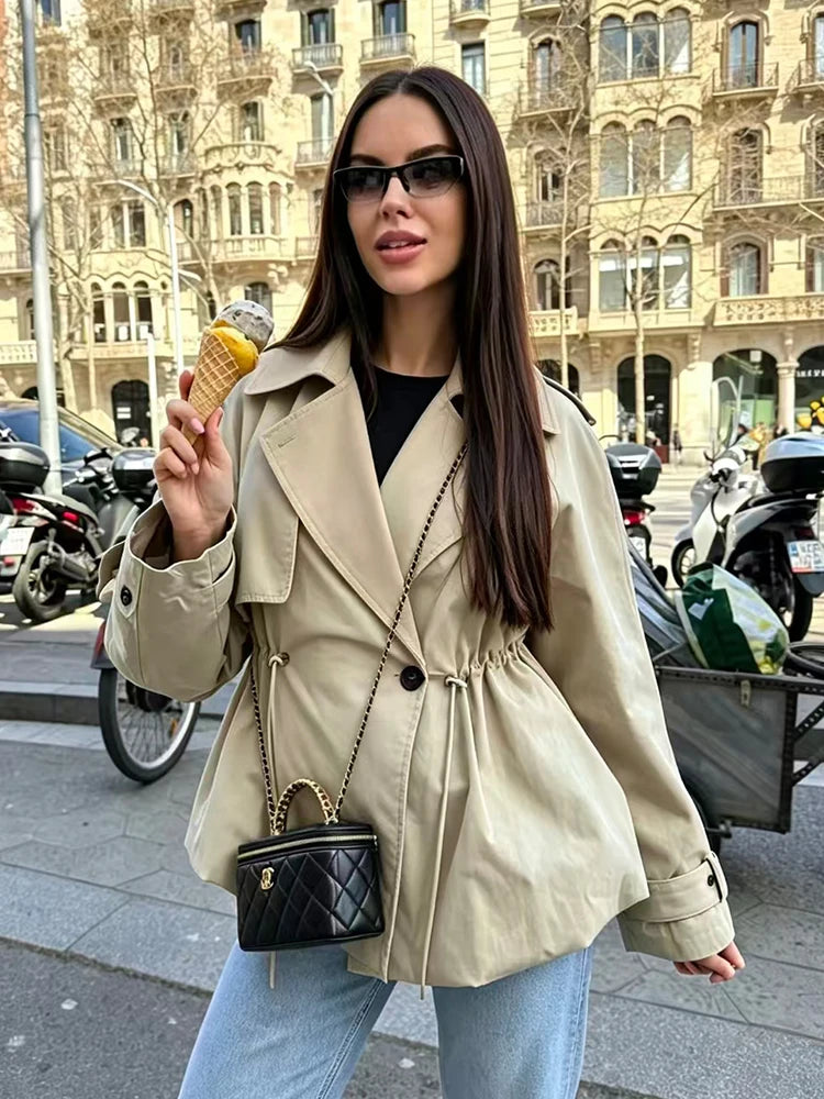 SLTNX  Autumn Fashion Women Khaki Drawstring Waist Short Trench Coat Casual Long Sleeve Single Button  Lady Commute Windbreaker