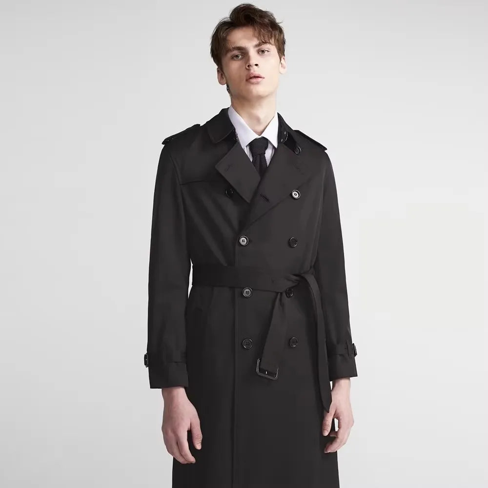 Mauroicardi Spring Autumn Long Chic Khaki Trench Coat Men Belt Double Breasted Elegant Luxury British Style Black Overcoat 2025