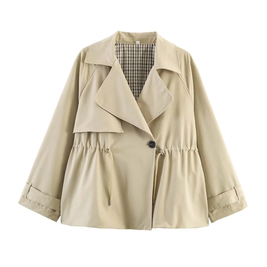 SLTNX  Autumn Fashion Women Khaki Drawstring Waist Short Trench Coat Casual Long Sleeve Single Button  Lady Commute Windbreaker