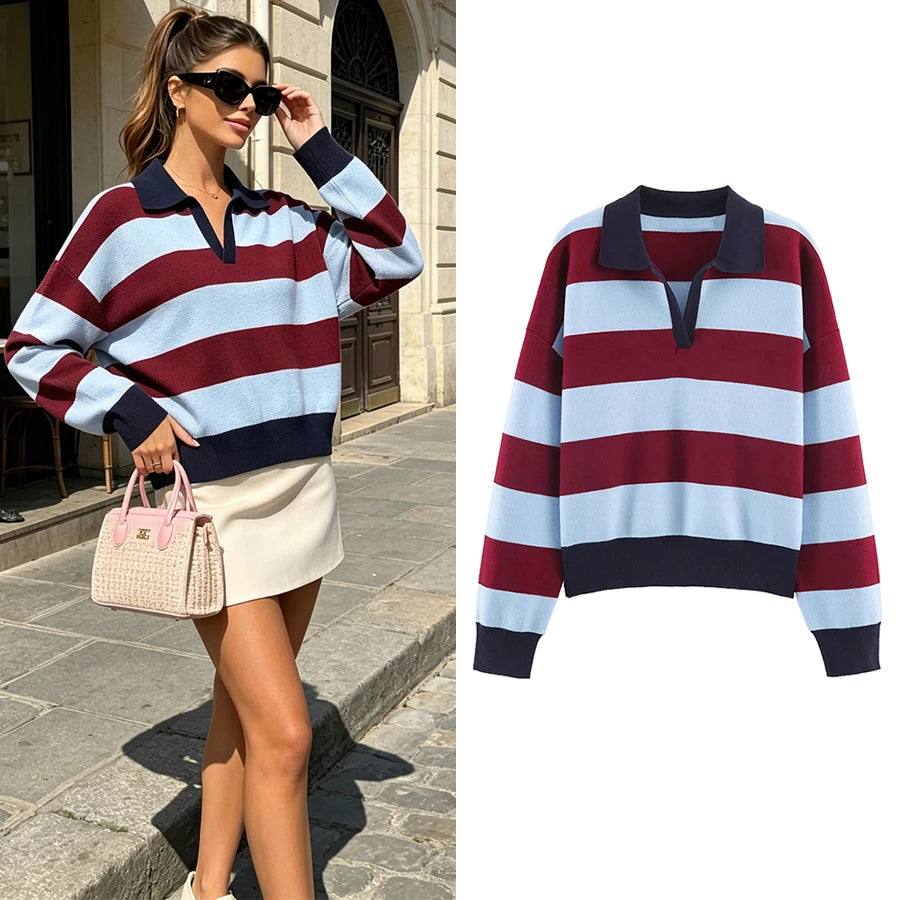 Pull polo rayé color-block manches longues femme