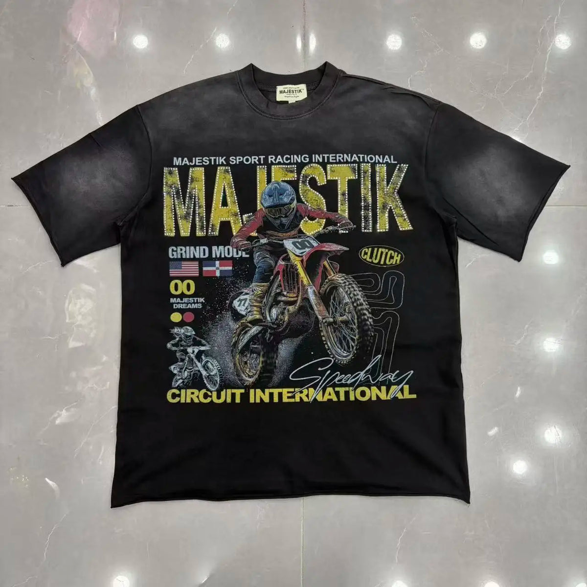 2026 Summer New MAJESTIK Men's T-shirt with Letter Hotfix Rhinestone Print Breathable Lightweight Casual Hip-Hop Style 100% Cotton Men/women T-shirt