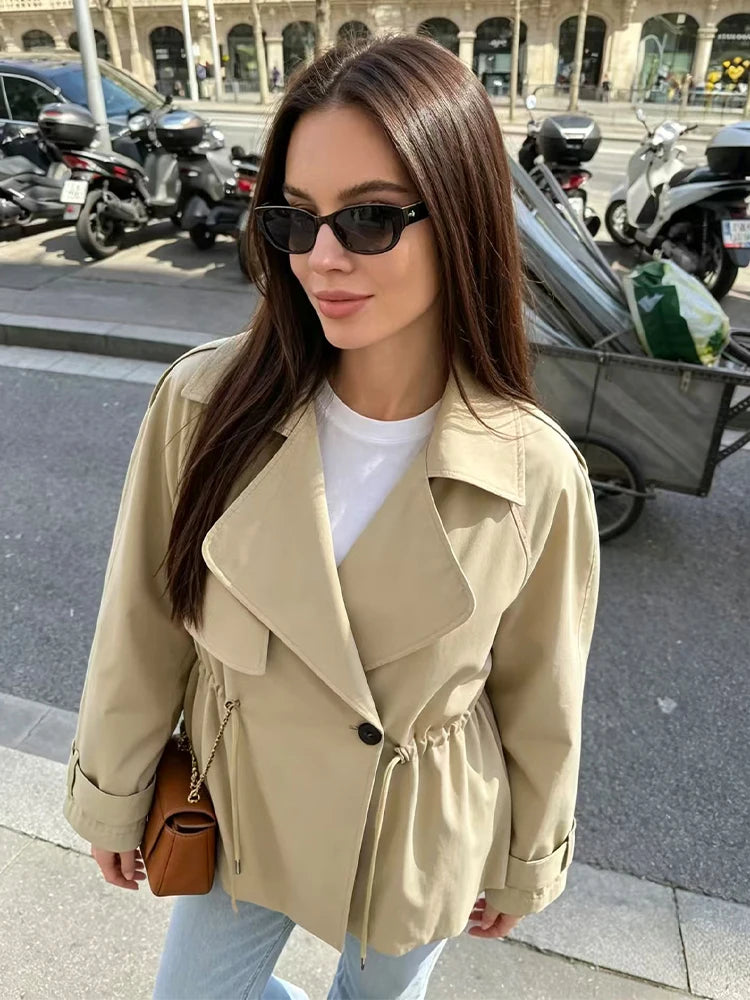 SLTNX  Autumn Fashion Women Khaki Drawstring Waist Short Trench Coat Casual Long Sleeve Single Button  Lady Commute Windbreaker