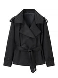 Women Lapel V-neck Belt Trench Coat Lace Up Button Full Sleeve Short Thin Windbreak 2026 Lady New Fashion Daily Street Outerwear