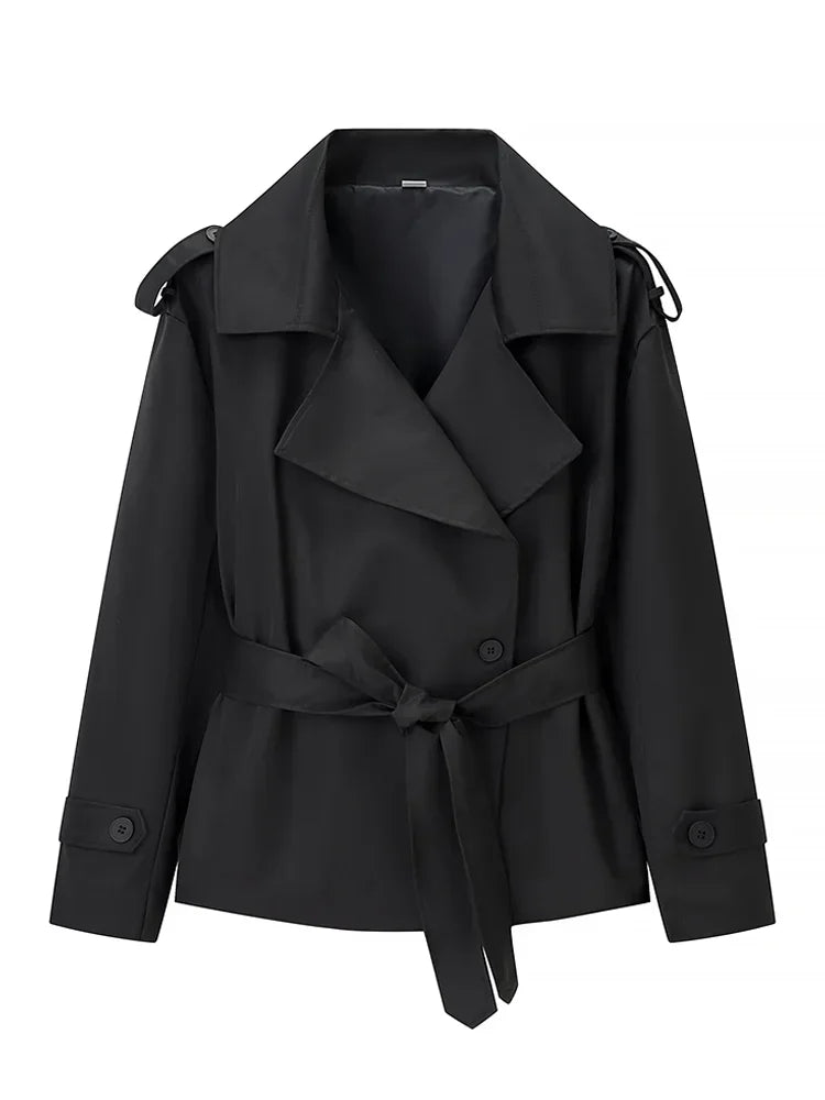 Women Lapel V-neck Belt Trench Coat Lace Up Button Full Sleeve Short Thin Windbreak 2026 Lady New Fashion Daily Street Outerwear