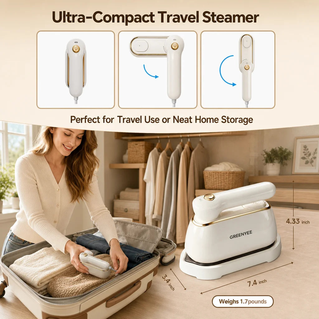 GREENYEE 1200W Portable Travel Steamer for Clothes, 10S Fast Heat-Up Handheld Garment Steamer Iron with 160ml Water Tank, Large Ceramic Heat Panel, 120V for Home & Travel