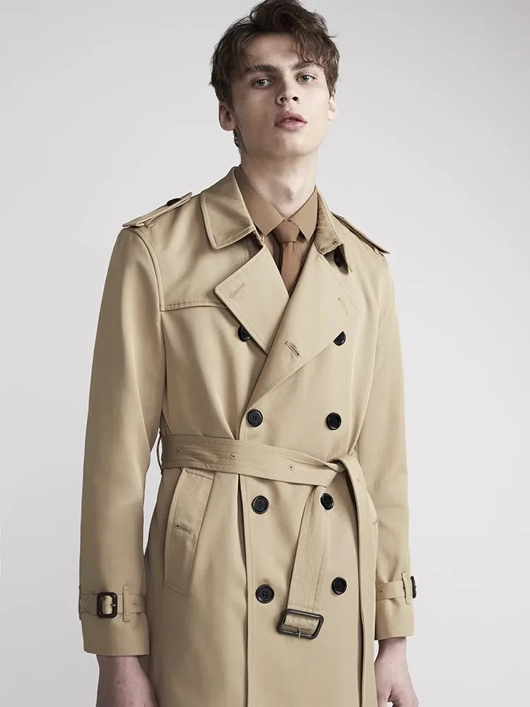 Mauroicardi Spring Autumn Long Chic Khaki Trench Coat Men Belt Double Breasted Elegant Luxury British Style Black Overcoat 2025