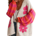 Women's Rainbow-Striped Knitted Cardigan Sweater, Featuring a Retro Floral Pattern with Oversized Front Opening and Long Sleeves, Is a Casual Outerwear Suitable for Sweet and Cool Style for Daily, Holiday and Casual Wear in A
