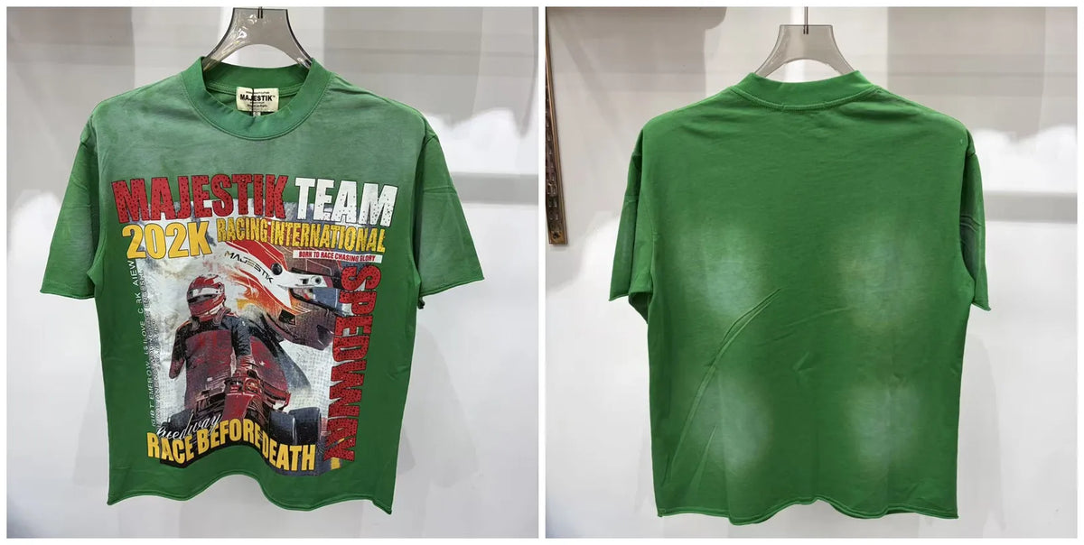 2026 Summer New MAJESTIK Men's T-shirt with Letter Hotfix Rhinestone Print Breathable Lightweight Casual Hip-Hop Style 100% Cotton Men/women T-shirt