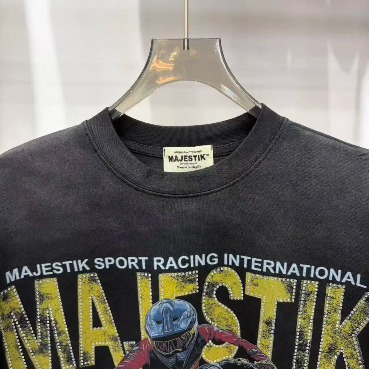 2026 Summer New MAJESTIK Men's T-shirt with Letter Hotfix Rhinestone Print Breathable Lightweight Casual Hip-Hop Style 100% Cotton Men/women T-shirt