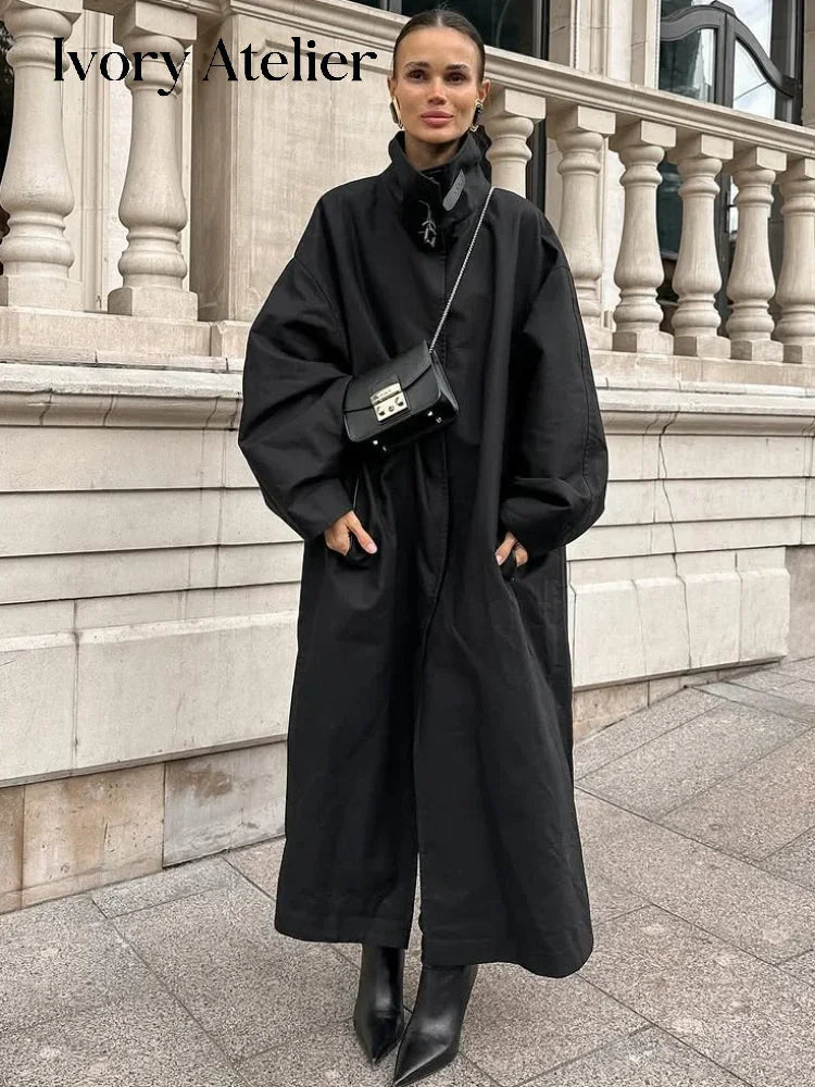 Trench-coat long col montant femme