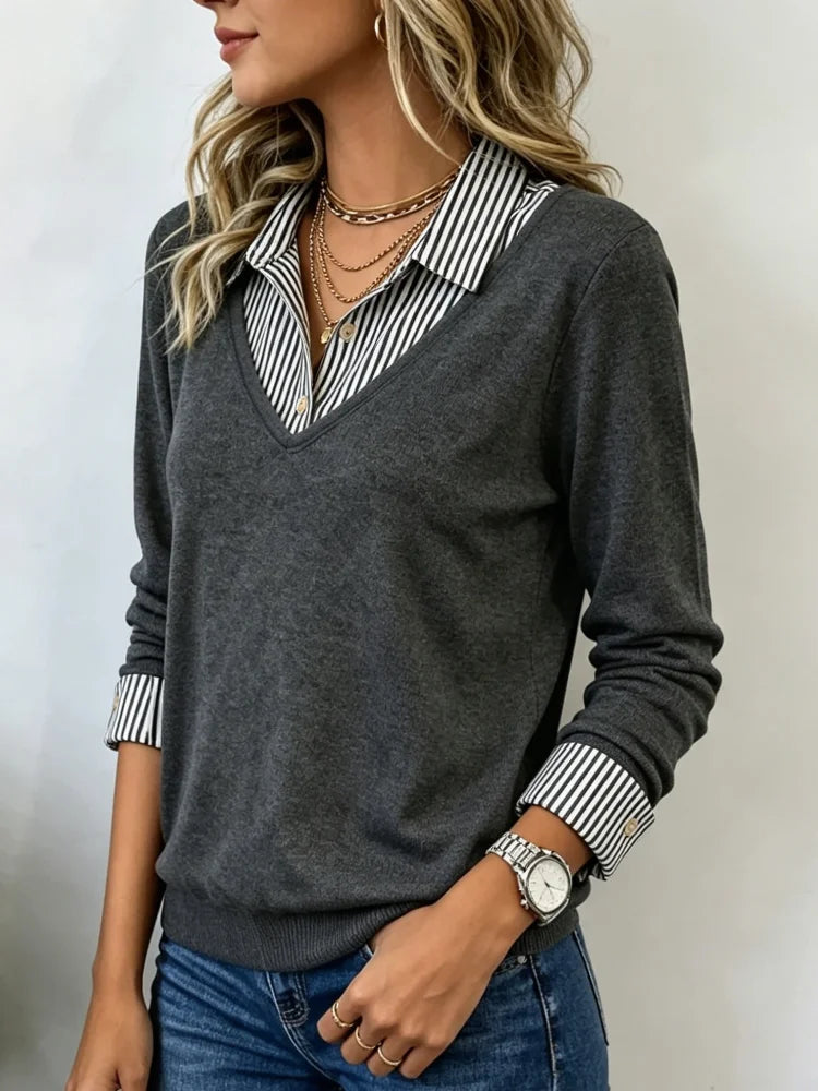 Women's V-neck Long-sleeve Striped Knit Top. A Stylish Casual Layered Crewneck Sweater, Perfect for Everyday Office Wear in Spring and Autumn.