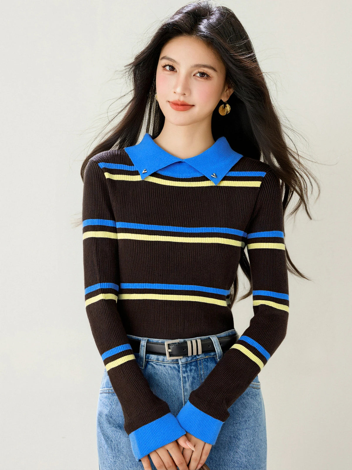 Pull color-block rayures col à revers femme