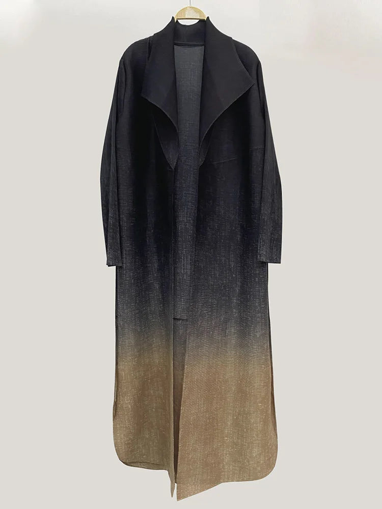 Miyake 2024 Fashion Pleated Ladies Long Coat Gradient Loose Button Split Design Trench Coat