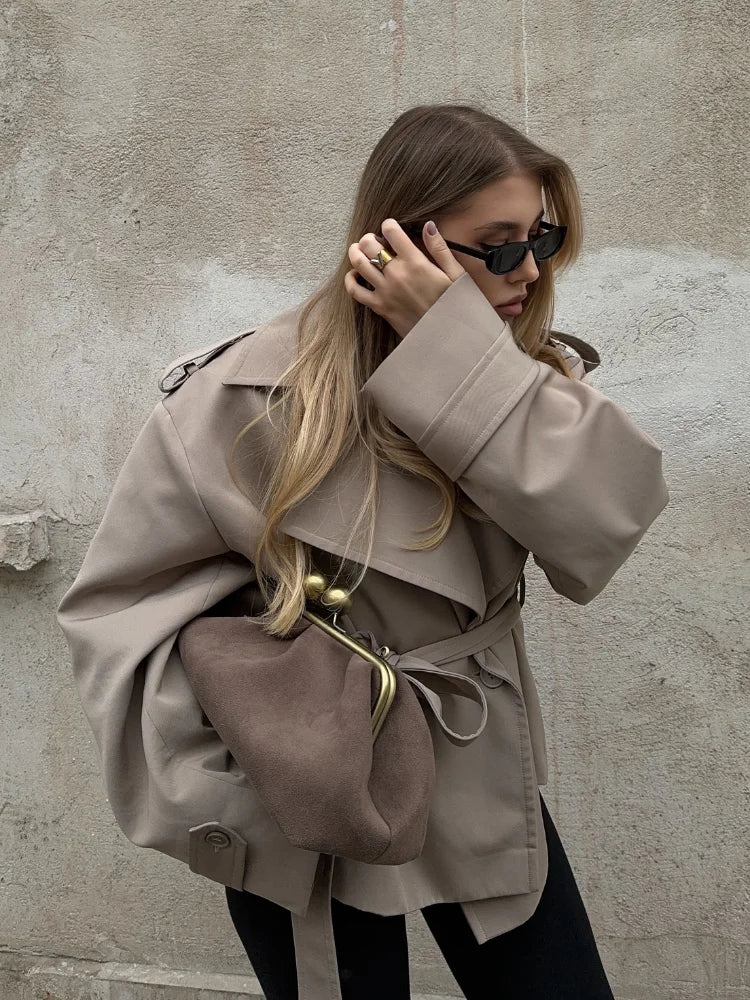 Women Lapel V-neck Belt Trench Coat Lace Up Button Full Sleeve Short Thin Windbreak 2026 Lady New Fashion Daily Street Outerwear