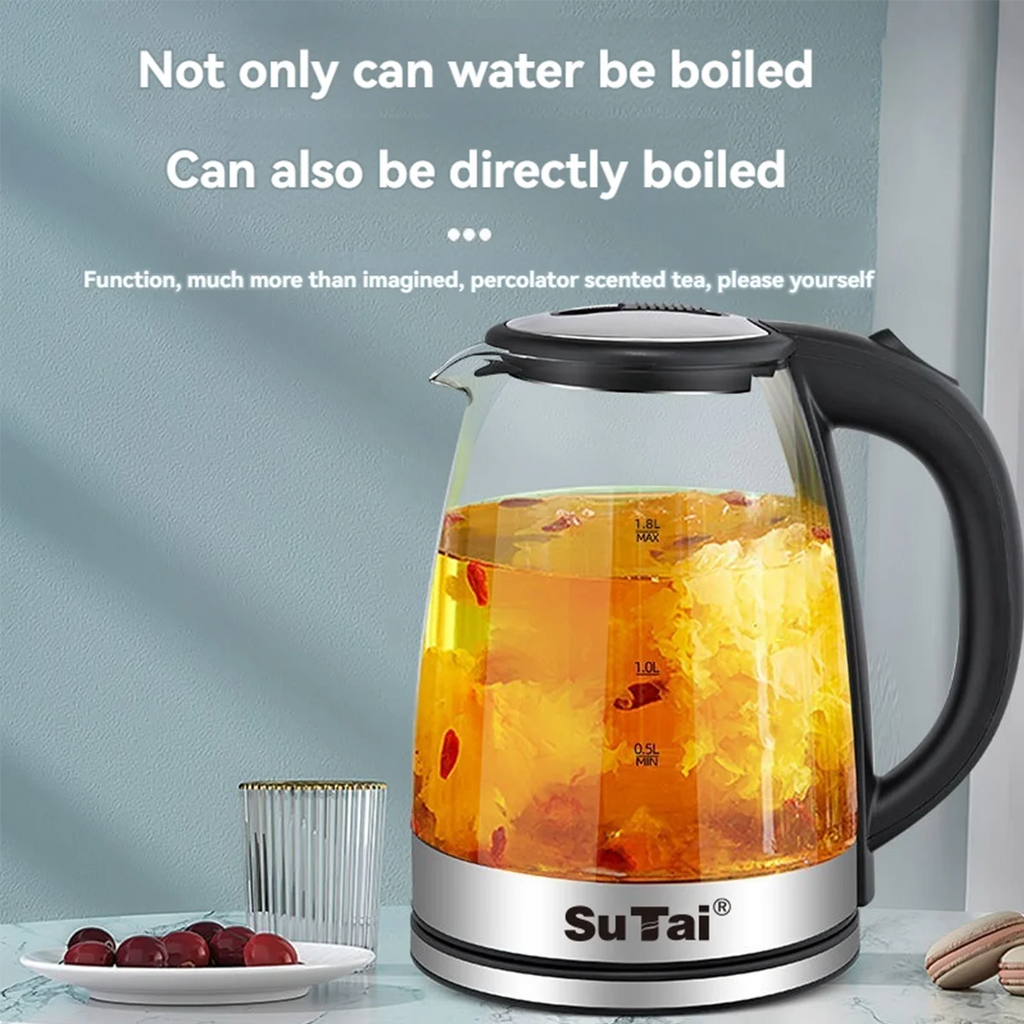 1.8L Electric Water Kettle - 1000W Fast Boil, Clear Borosilicate Glass, Stainless Steel, Filter Spout, Anti-Scald Handle, LED Blue Light, Large Capacity for Family Use