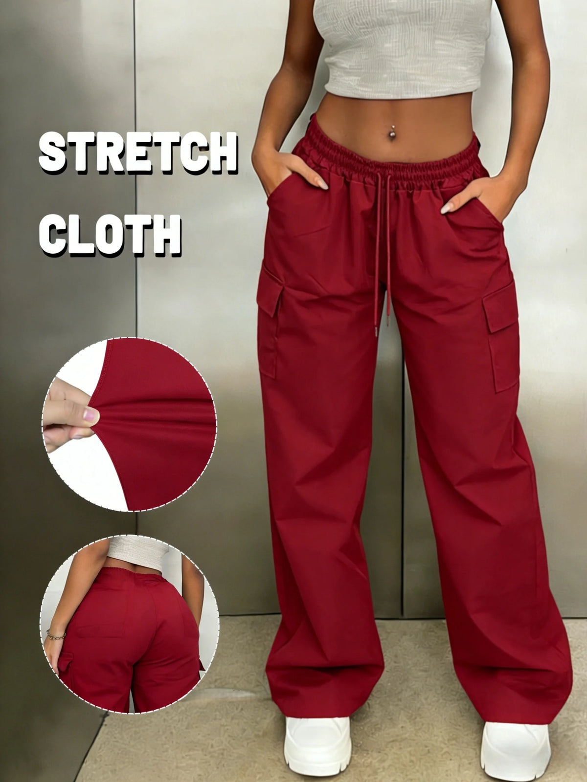 Pantalon cargo large taille haute femme