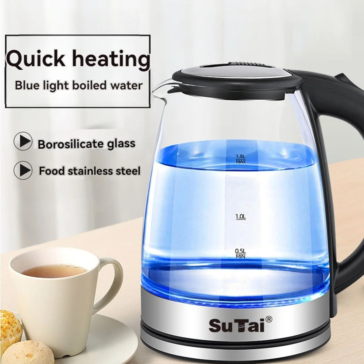 1.8L Electric Water Kettle - 1000W Fast Boil, Clear Borosilicate Glass, Stainless Steel, Filter Spout, Anti-Scald Handle, LED Blue Light, Large Capacity for Family Use