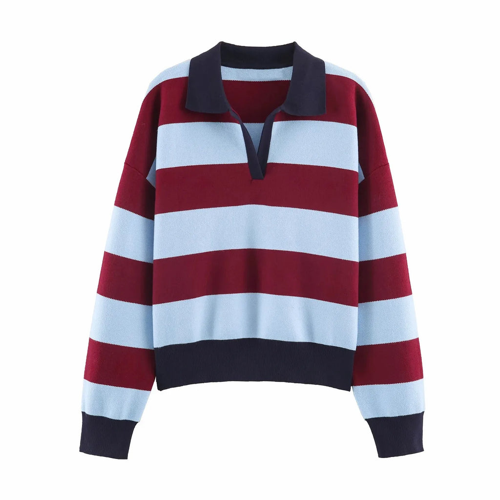 Pull polo rayé color-block manches longues femme