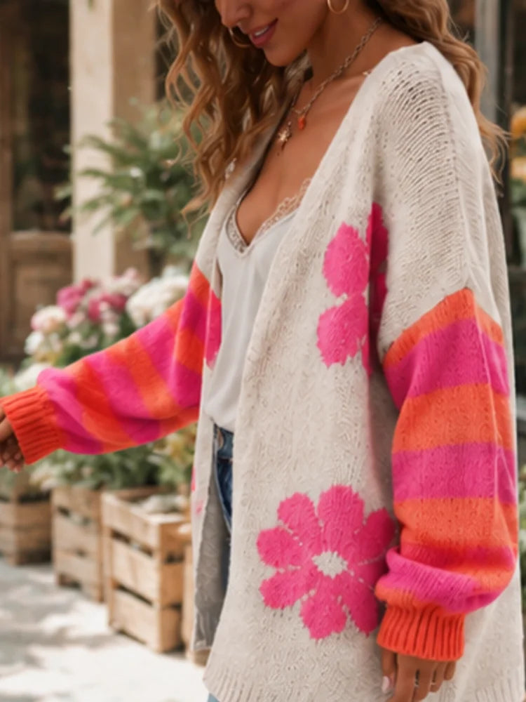 Women's Rainbow-Striped Knitted Cardigan Sweater, Featuring a Retro Floral Pattern with Oversized Front Opening and Long Sleeves, Is a Casual Outerwear Suitable for Sweet and Cool Style for Daily, Holiday and Casual Wear in A