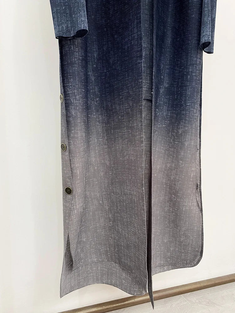 Miyake 2024 Fashion Pleated Ladies Long Coat Gradient Loose Button Split Design Trench Coat