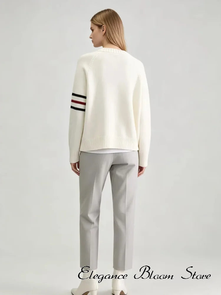 Women's Knit Cardigan Crew Neck Striped Button Loose Elegant Sweater Cardigan Top Ladies Fashion Commuter Chic Casual Outerwear