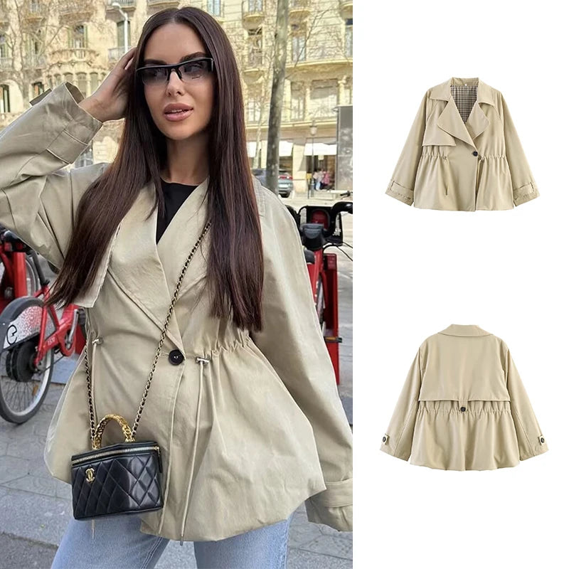 SLTNX  Autumn Fashion Women Khaki Drawstring Waist Short Trench Coat Casual Long Sleeve Single Button  Lady Commute Windbreaker