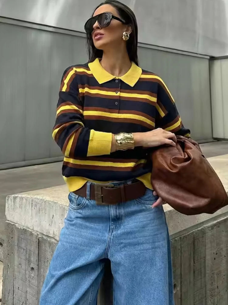 Pull polo rayé color-block manches longues femme
