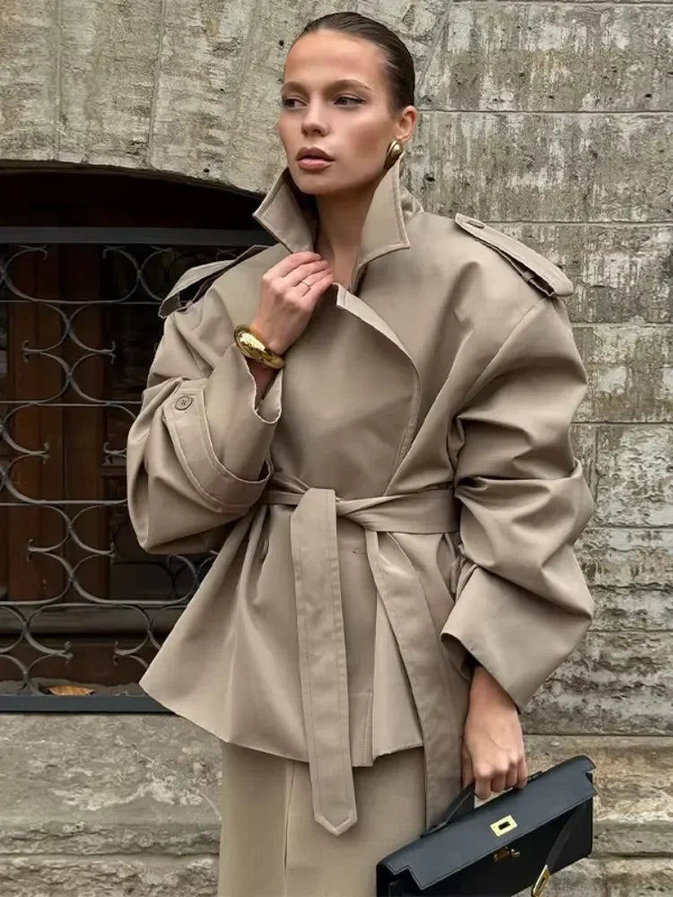 Women Lapel V-neck Belt Trench Coat Lace Up Button Full Sleeve Short Thin Windbreak 2026 Lady New Fashion Daily Street Outerwear